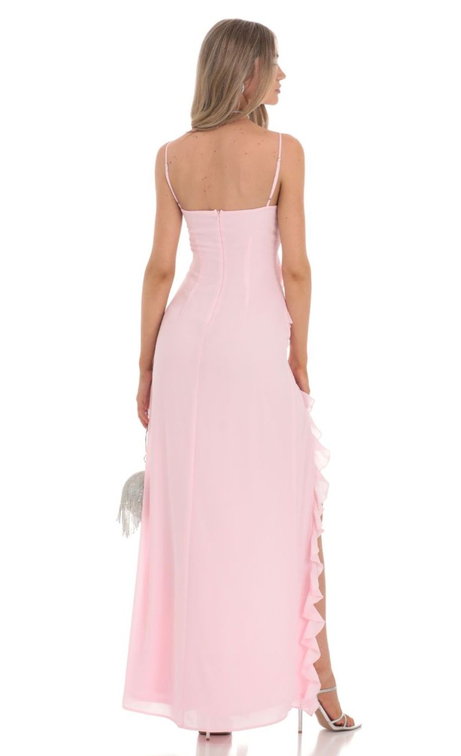 Clothing LUCY IN THE SKY | Ruffle V-Neck Maxi Dress In Pink | Lucy In The Sky