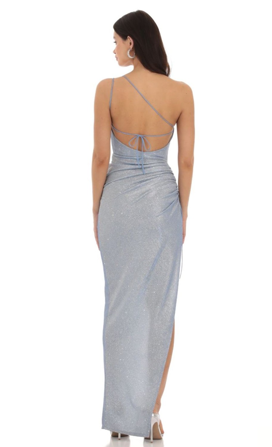 Clothing LUCY IN THE SKY | Breeta Shimmer One Shoulder Dress In Blue | Lucy In The Sky