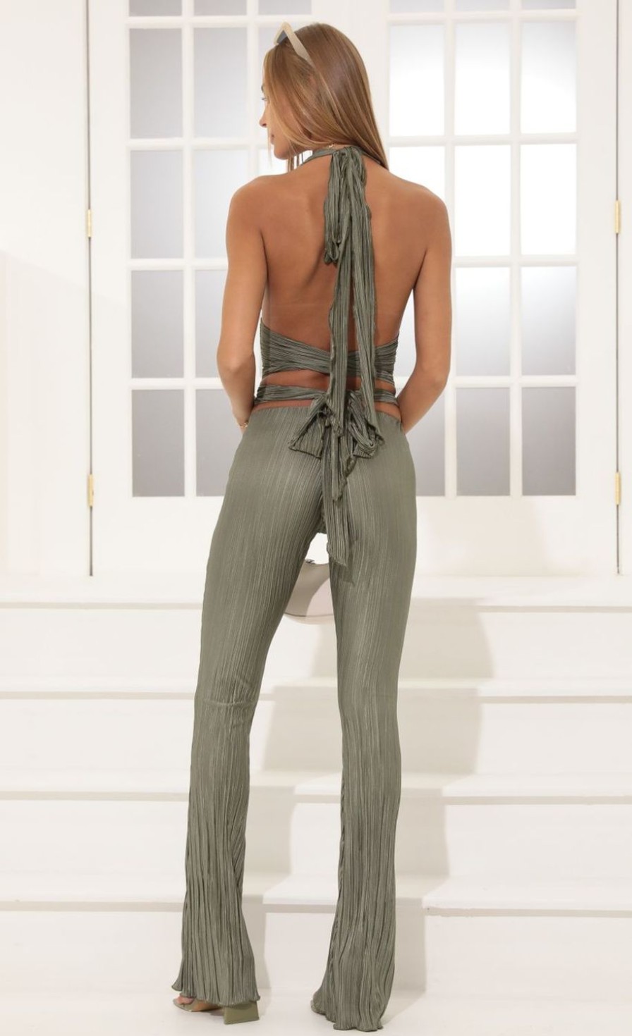 Clothing LUCY IN THE SKY | Rhonda Pleated Satin Two Piece Pant Set In Green | Lucy In The Sky