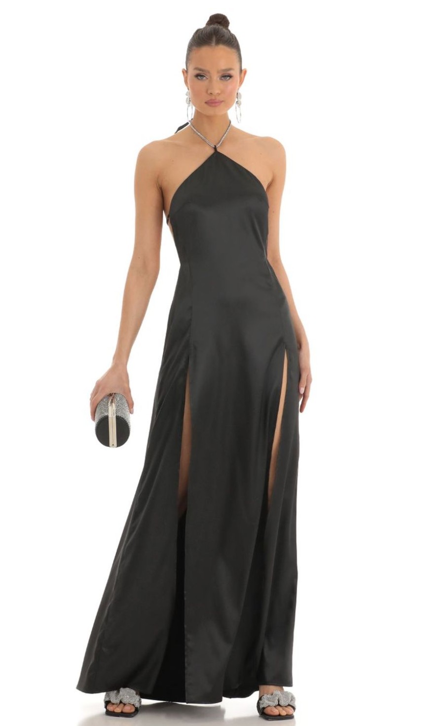 Clothing LUCY IN THE SKY | Janessa Rhinestone Halter Maxi Dress In Black | Lucy In The Sky