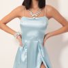 Clothing LUCY IN THE SKY | Gala High Slit Satin Dress In Light Blue | Lucy In The Sky