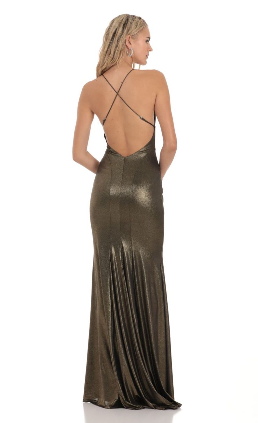 Clothing LUCY IN THE SKY | Metallic V-Neck Maxi Dress In Gold | Lucy In The Sky