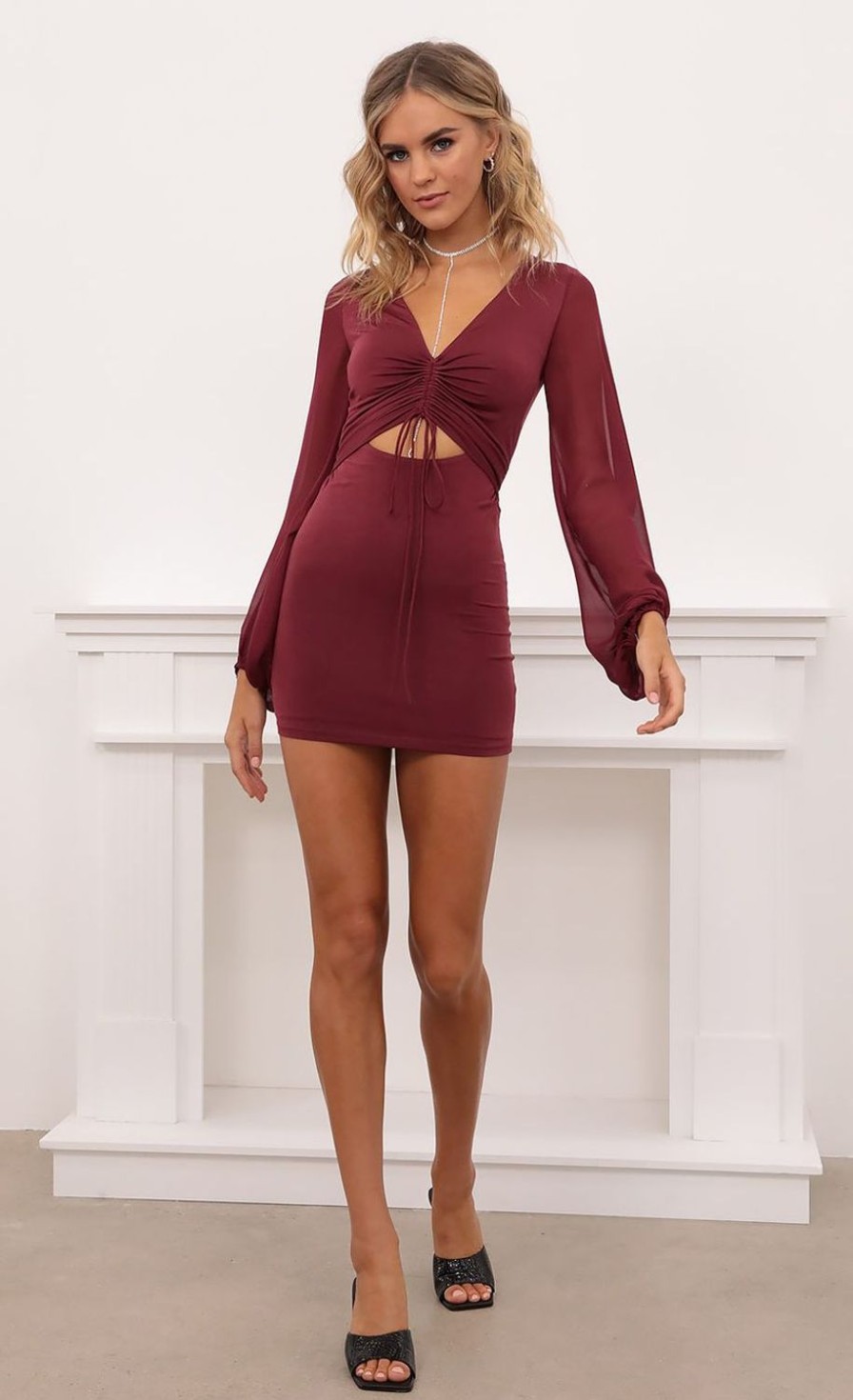 Clothing LUCY IN THE SKY | Tie Front Long Sleeve Bodycon In Burgundy | Lucy In The Sky