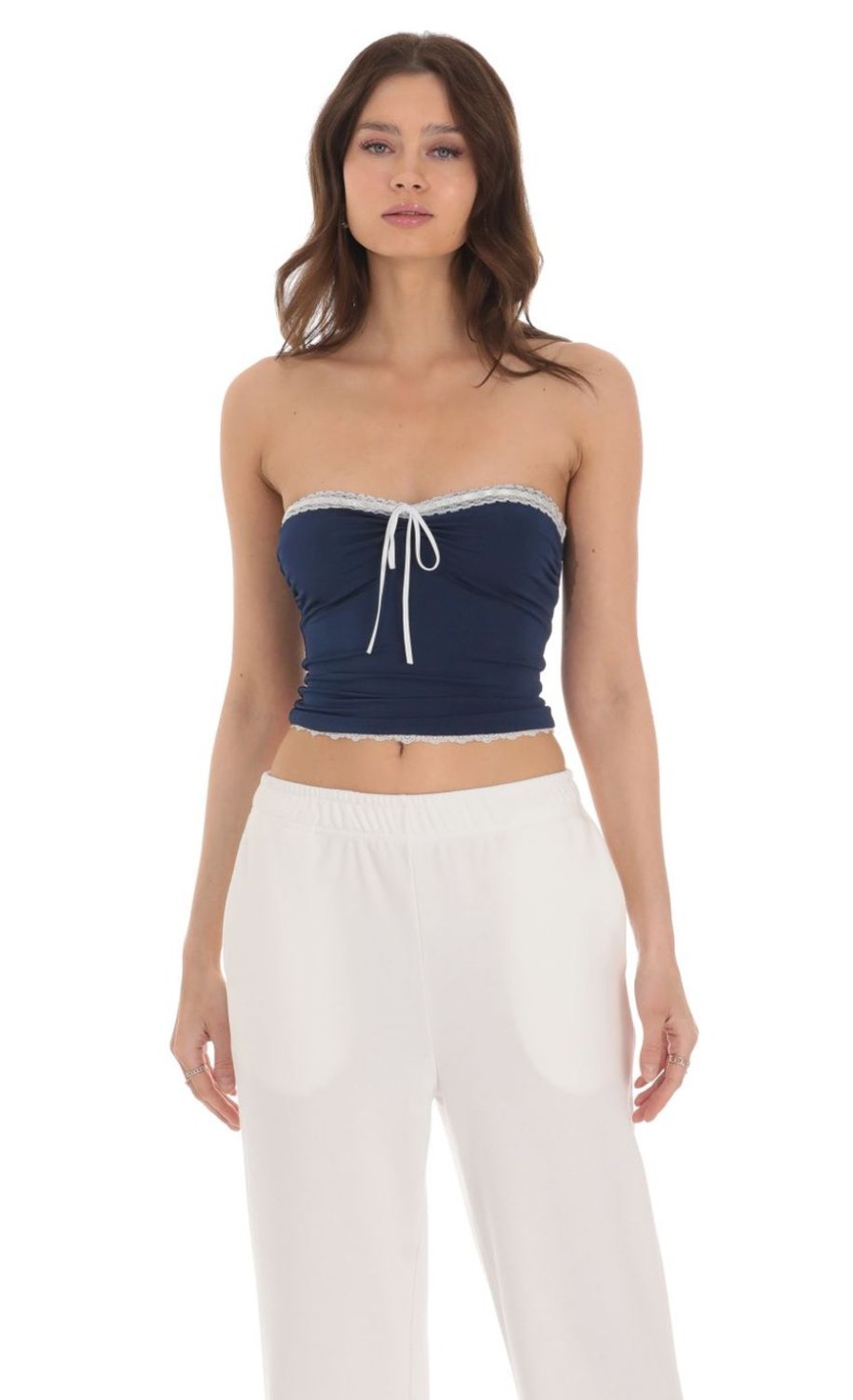 Clothing LUCY IN THE SKY | Strapless White Lace Top In Navy | Lucy In The Sky