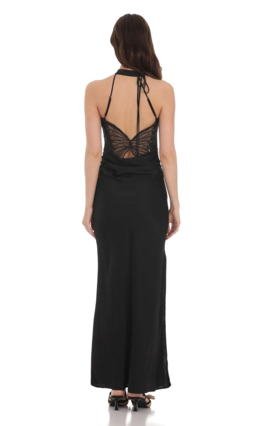 Clothing LUCY IN THE SKY | Butterfly Open Back Maxi Dress In Black | Lucy In The Sky