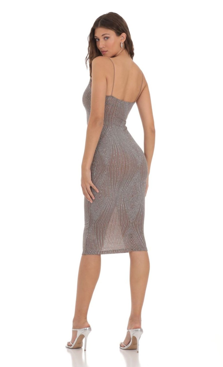 Clothing LUCY IN THE SKY | Shimmer Bodycon Midi Dress In Mocha | Lucy In The Sky