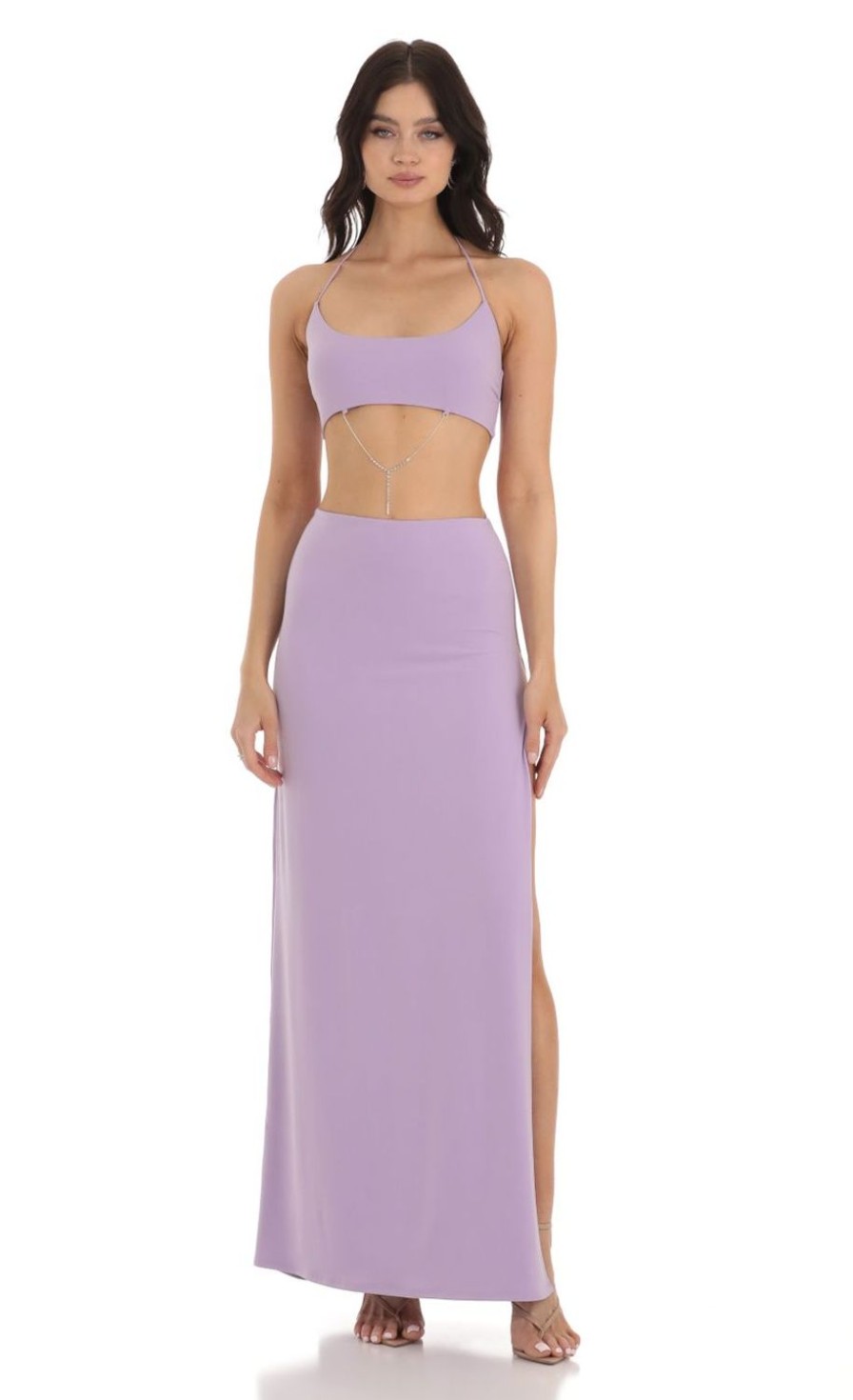 Clothing LUCY IN THE SKY | Jules Rhinestone Cutout Maxi Dress In Purple | Lucy In The Sky