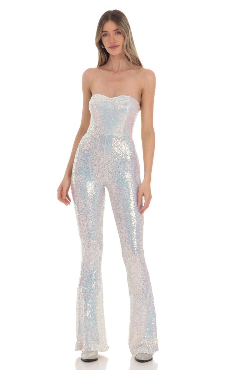 Clothing LUCY IN THE SKY | Two Piece Strapless Iridescent Sequin Jumpsuit In White | Lucy In The Sky