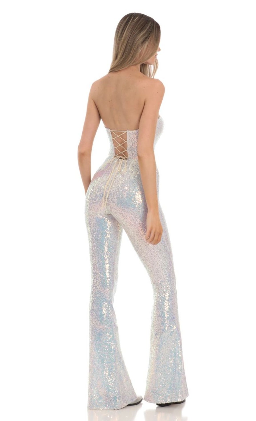 Clothing LUCY IN THE SKY | Two Piece Strapless Iridescent Sequin Jumpsuit In White | Lucy In The Sky