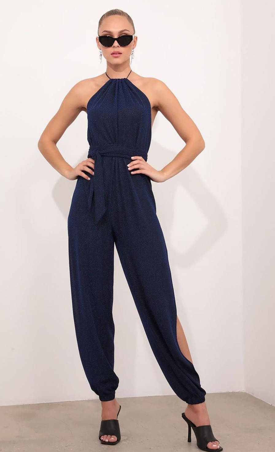 Clothing LUCY IN THE SKY | Jojo Halter Split Jumpsuit In Sparkle Blue | Lucy In The Sky