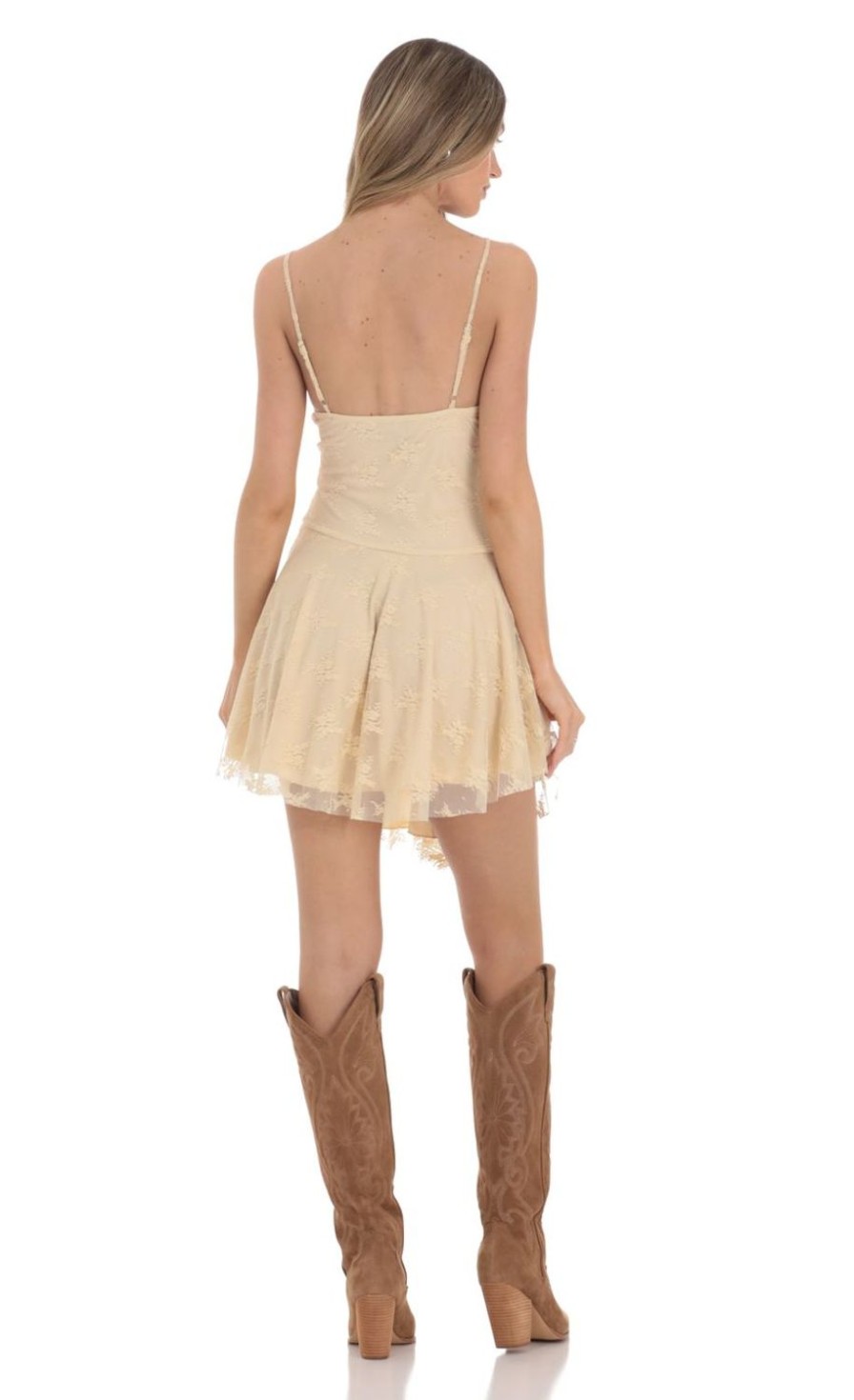 Clothing LUCY IN THE SKY | Embroidered Mesh Asymmetrical Dress In Tan | Lucy In The Sky