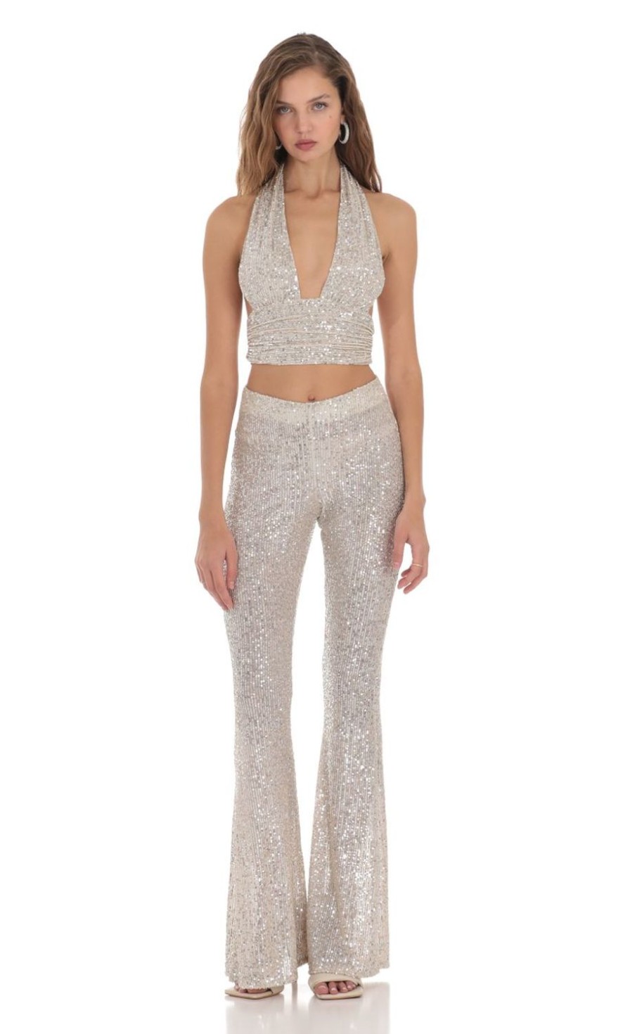 Clothing LUCY IN THE SKY | Silver Sequin Halter Two Piece Set In Cream | Lucy In The Sky