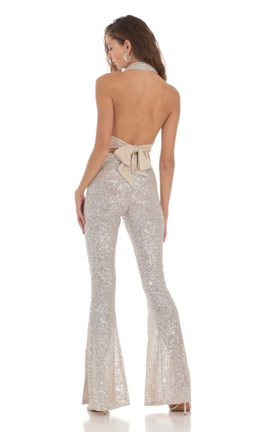 Clothing LUCY IN THE SKY | Silver Sequin Halter Two Piece Set In Cream | Lucy In The Sky