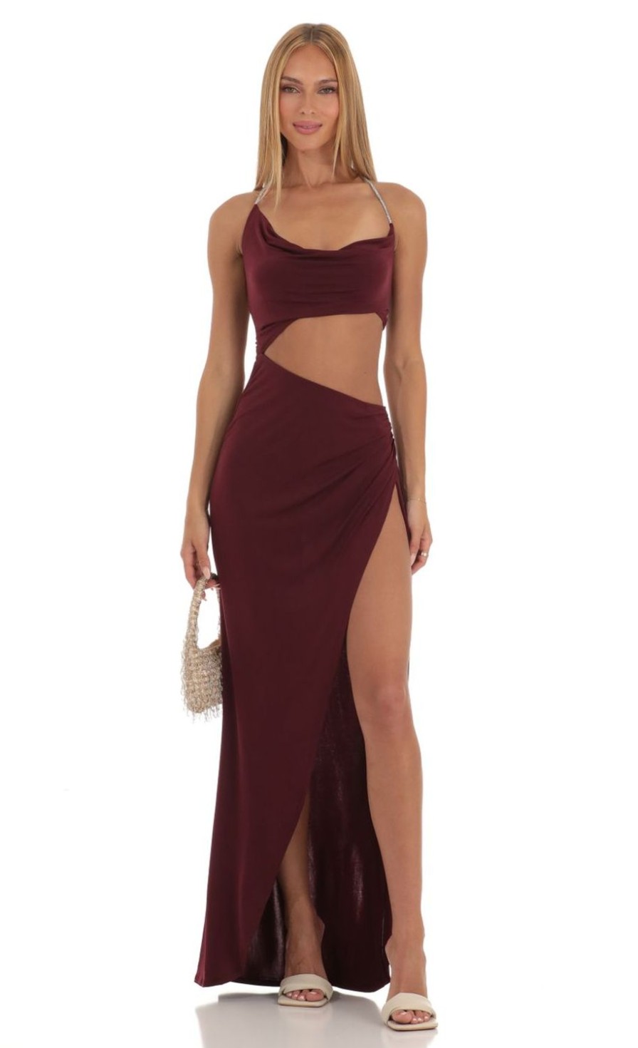 Clothing LUCY IN THE SKY | Athens Rhinestone Cutout Maxi Dress In Wine | Lucy In The Sky