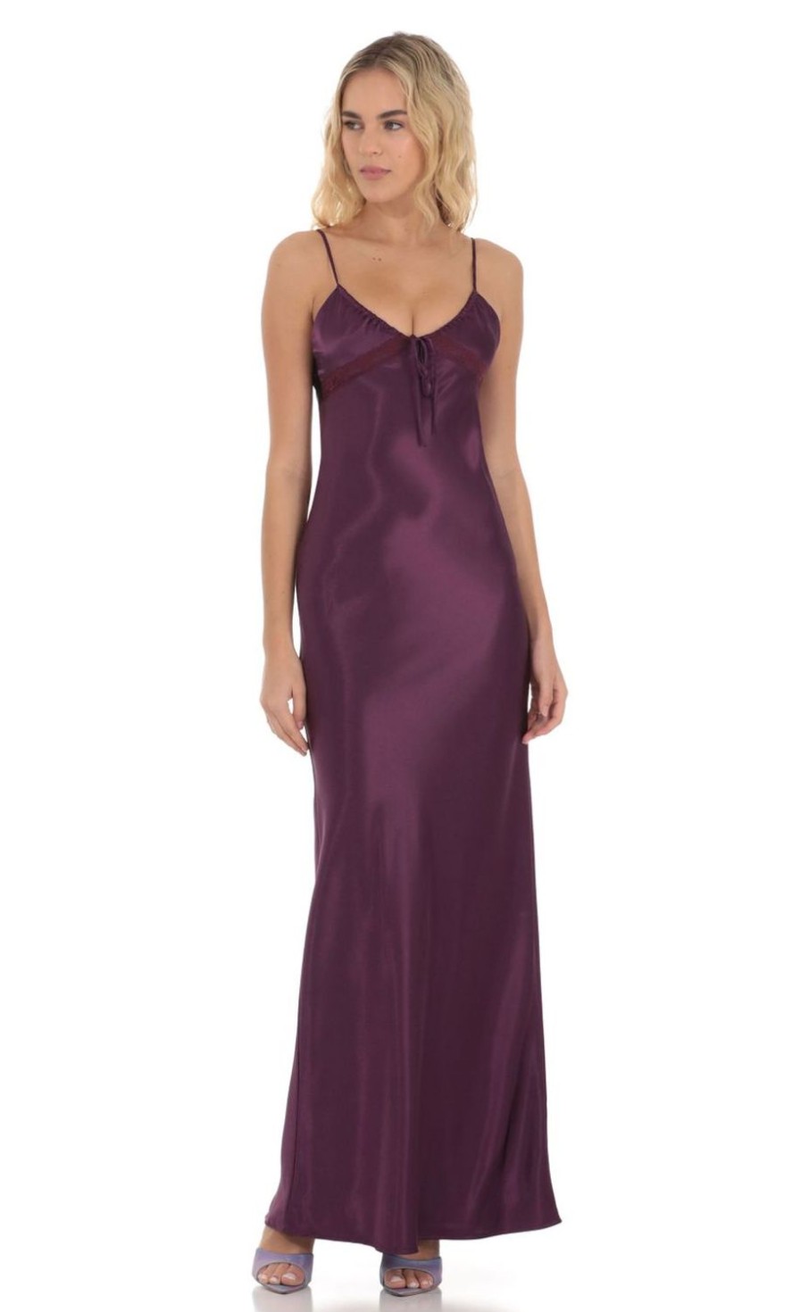 Clothing LUCY IN THE SKY | Satin Front Tie Maxi Dress In Purple | Lucy In The Sky