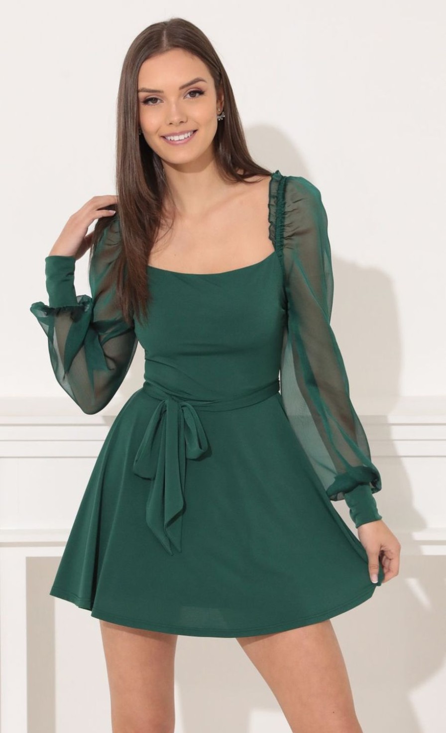 Clothing LUCY IN THE SKY | Ari Long Sleeve Dress In Green | Lucy In The Sky