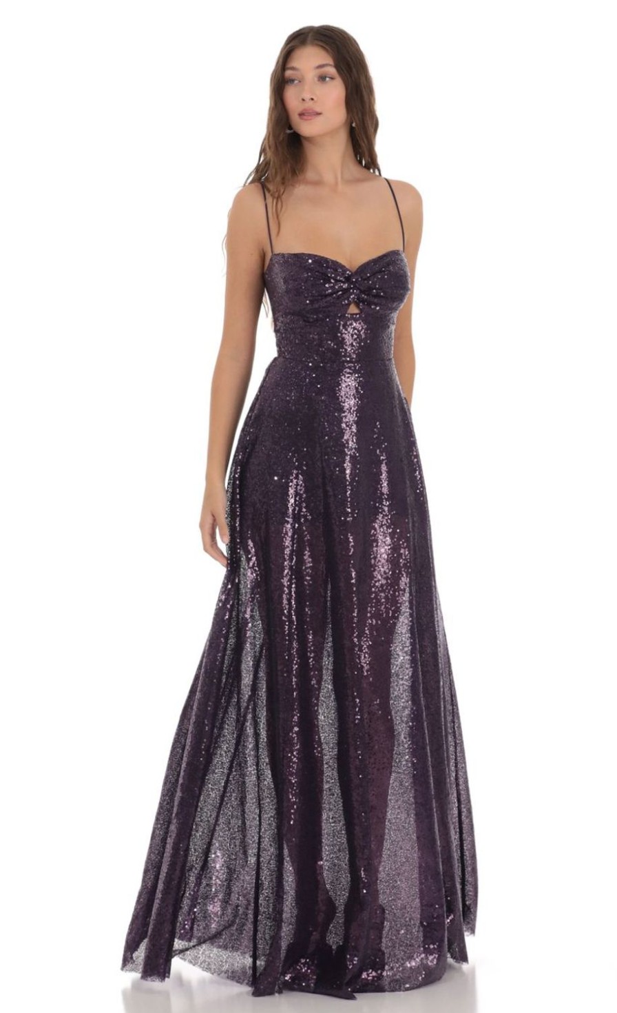 Clothing LUCY IN THE SKY | Twist Sequin Back Tie Dress In Purple | Lucy In The Sky