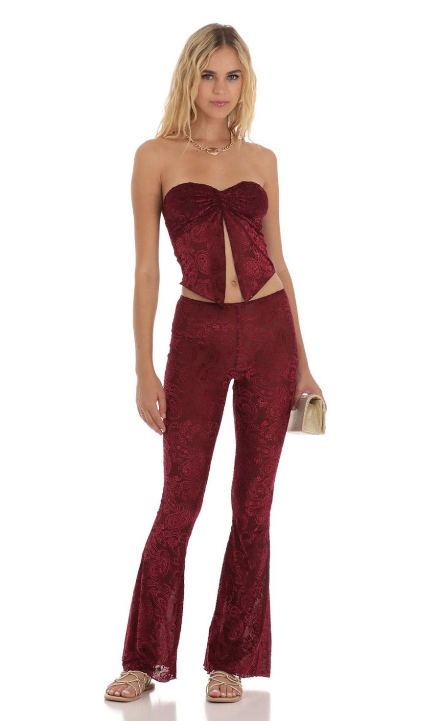 Clothing LUCY IN THE SKY | Camren Velvet Mesh Two Piece Set In Maroon | Lucy In The Sky