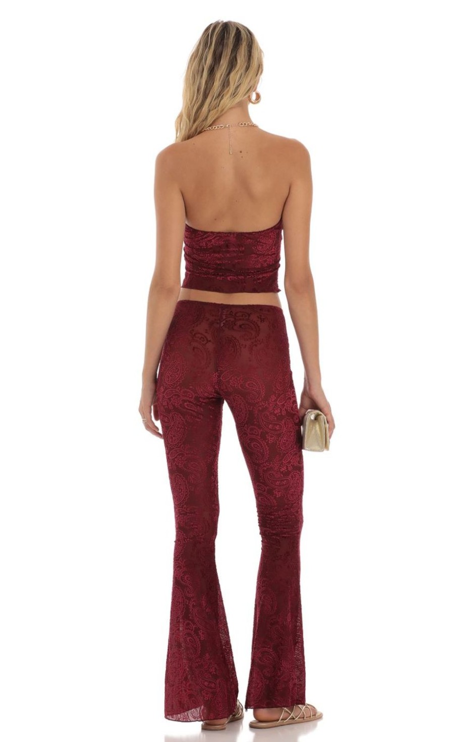 Clothing LUCY IN THE SKY | Camren Velvet Mesh Two Piece Set In Maroon | Lucy In The Sky