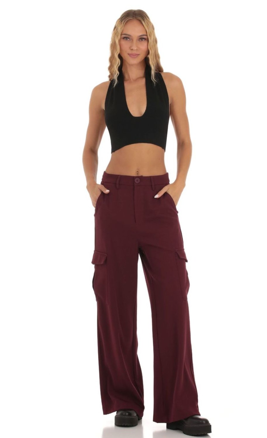 Clothing LUCY IN THE SKY | Hecate Wide Leg Cargo Pants In Maroon | Lucy In The Sky