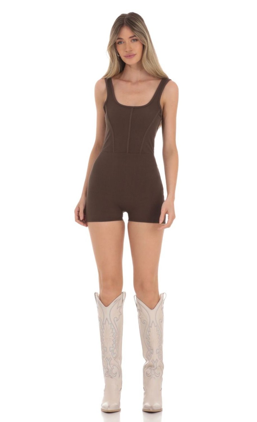 Clothing LUCY IN THE SKY | Open Back Ribbed Romper In Brown | Lucy In The Sky