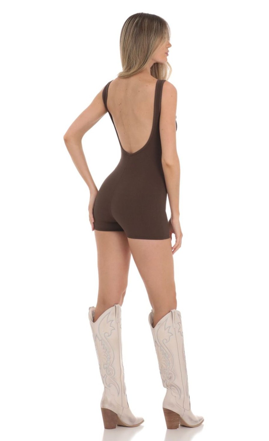 Clothing LUCY IN THE SKY | Open Back Ribbed Romper In Brown | Lucy In The Sky