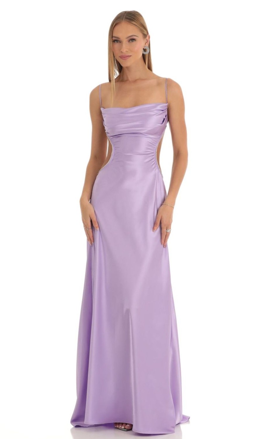 Clothing LUCY IN THE SKY | Calissa Satin Rhinestone Maxi Dress In Purple | Lucy In The Sky