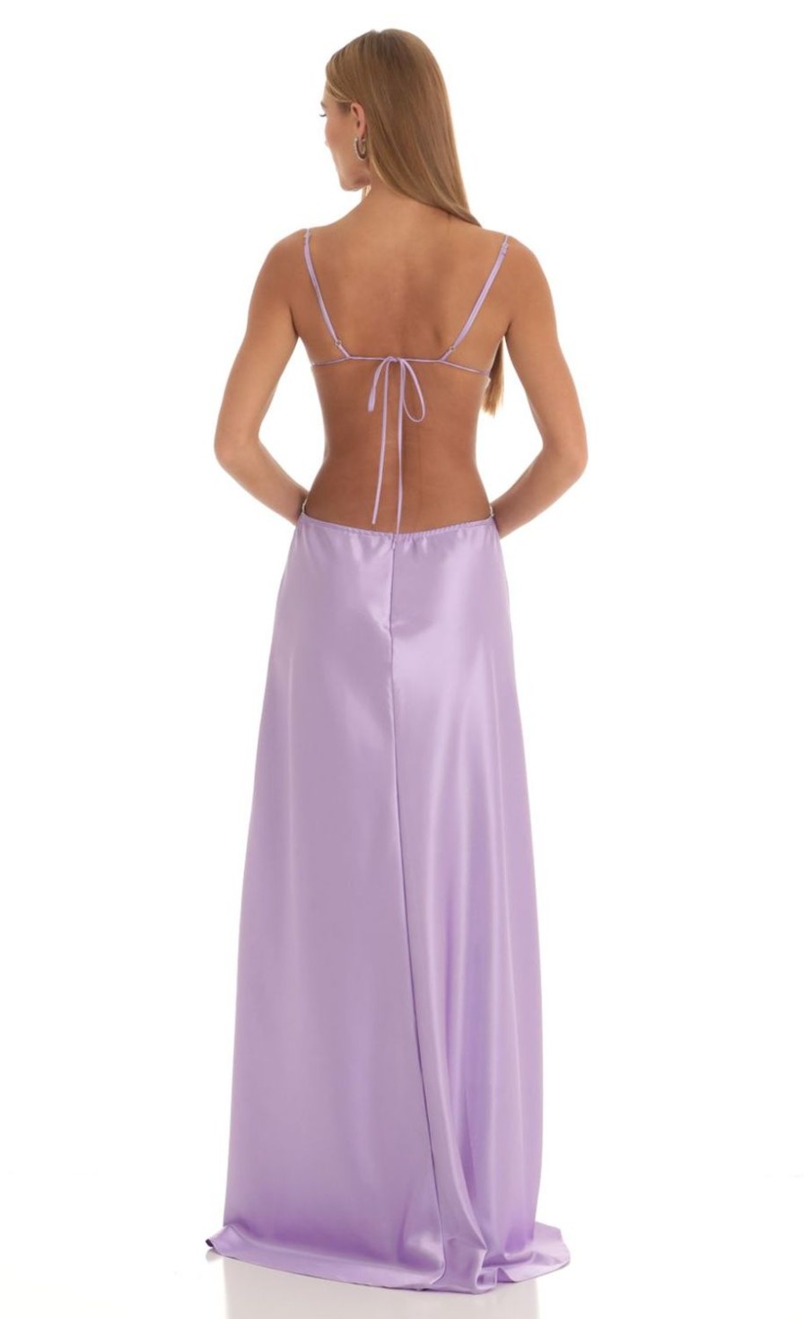 Clothing LUCY IN THE SKY | Calissa Satin Rhinestone Maxi Dress In Purple | Lucy In The Sky