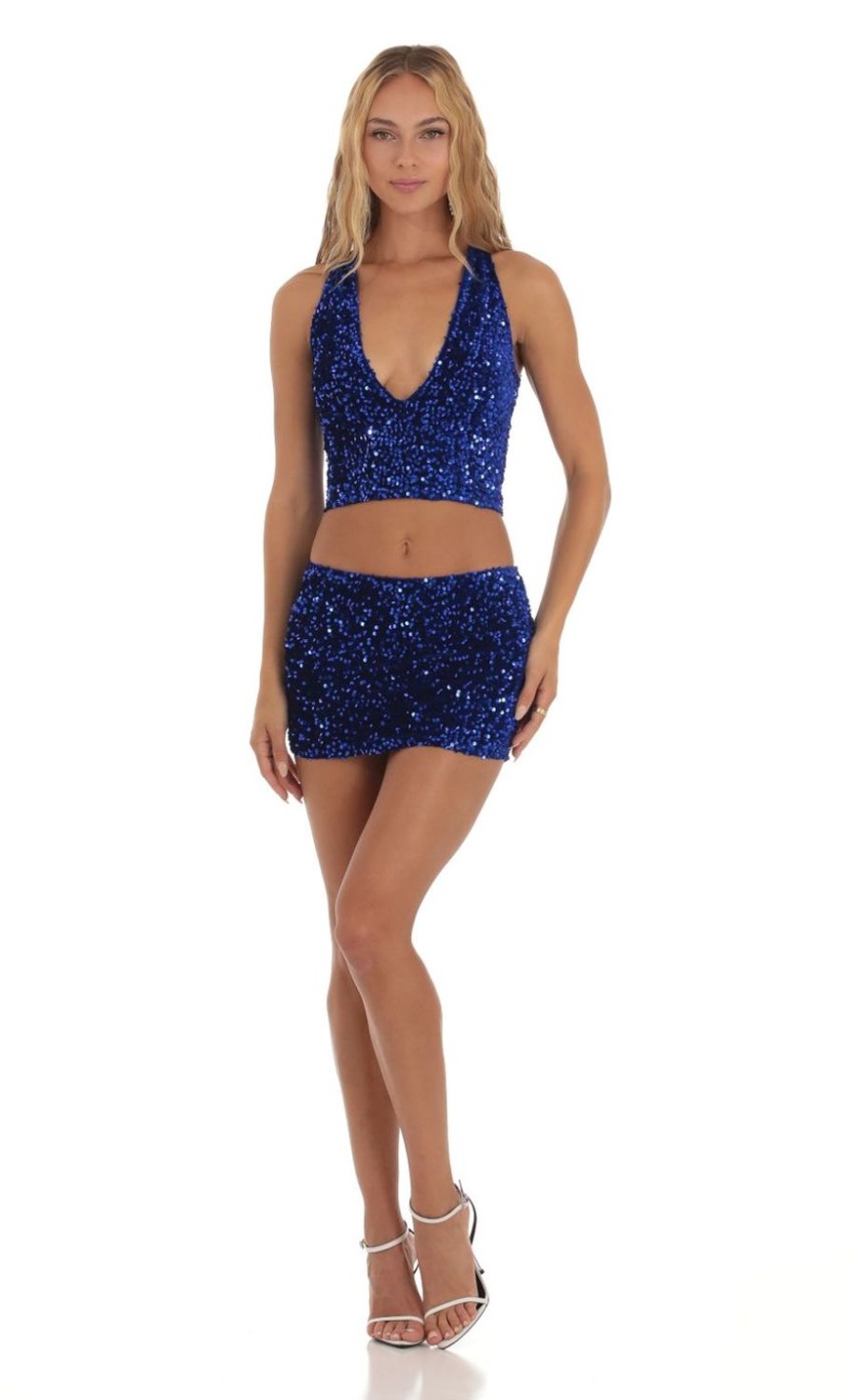 Clothing LUCY IN THE SKY | Lakshmi Velvet Sequin Two Piece Set In Blue | Lucy In The Sky