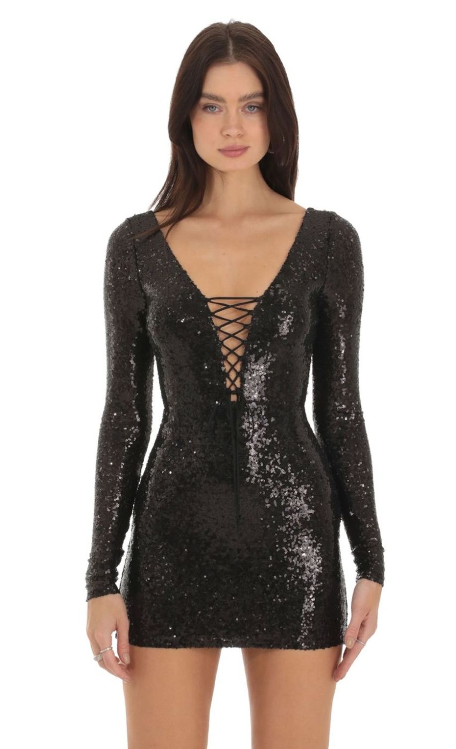 Clothing LUCY IN THE SKY | Tena Sequin Plunge Neck Dress In Black | Lucy In The Sky