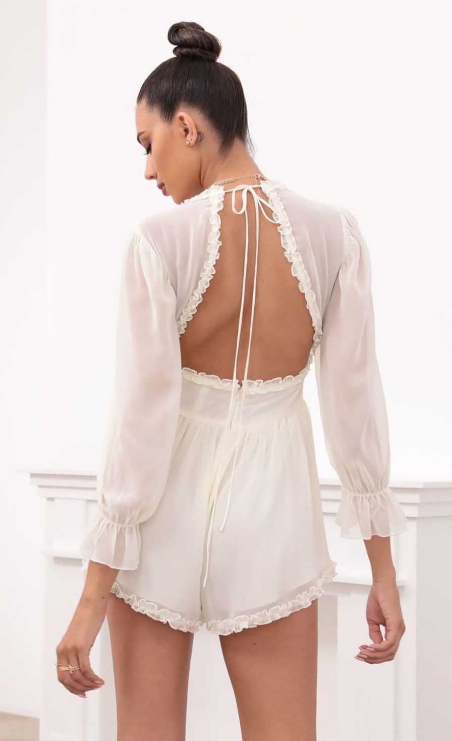 Clothing LUCY IN THE SKY | Bettina Ruched Ruffle Romper In Ivory | Lucy In The Sky