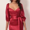 Clothing LUCY IN THE SKY | Miley Puff Sleeve Wrap Dress In Red Satin | Lucy In The Sky