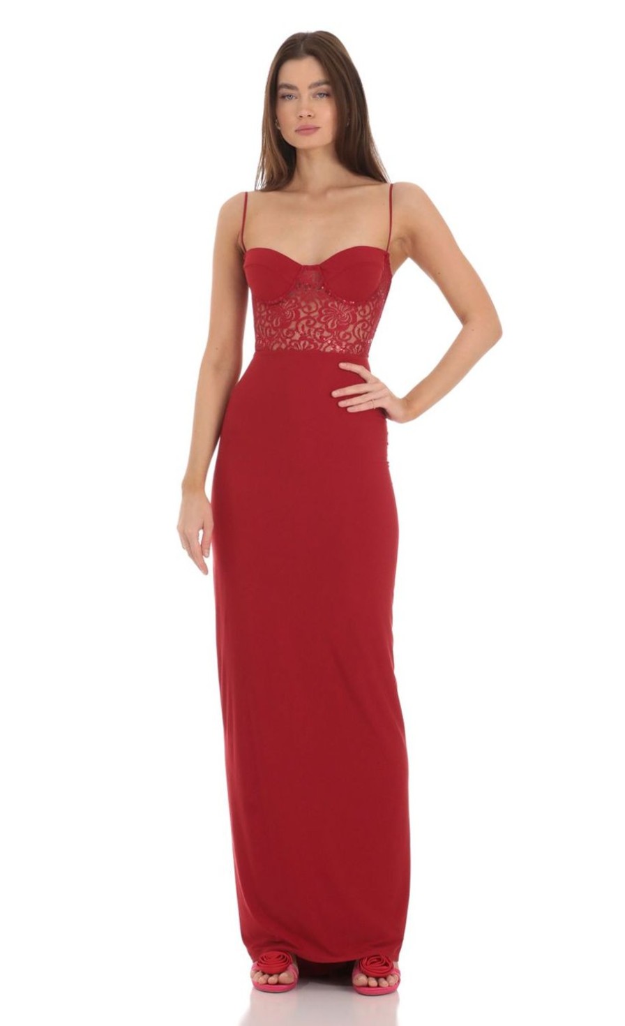 Clothing LUCY IN THE SKY | Sequin Lace Cutout Maxi Dress In Red | Lucy In The Sky