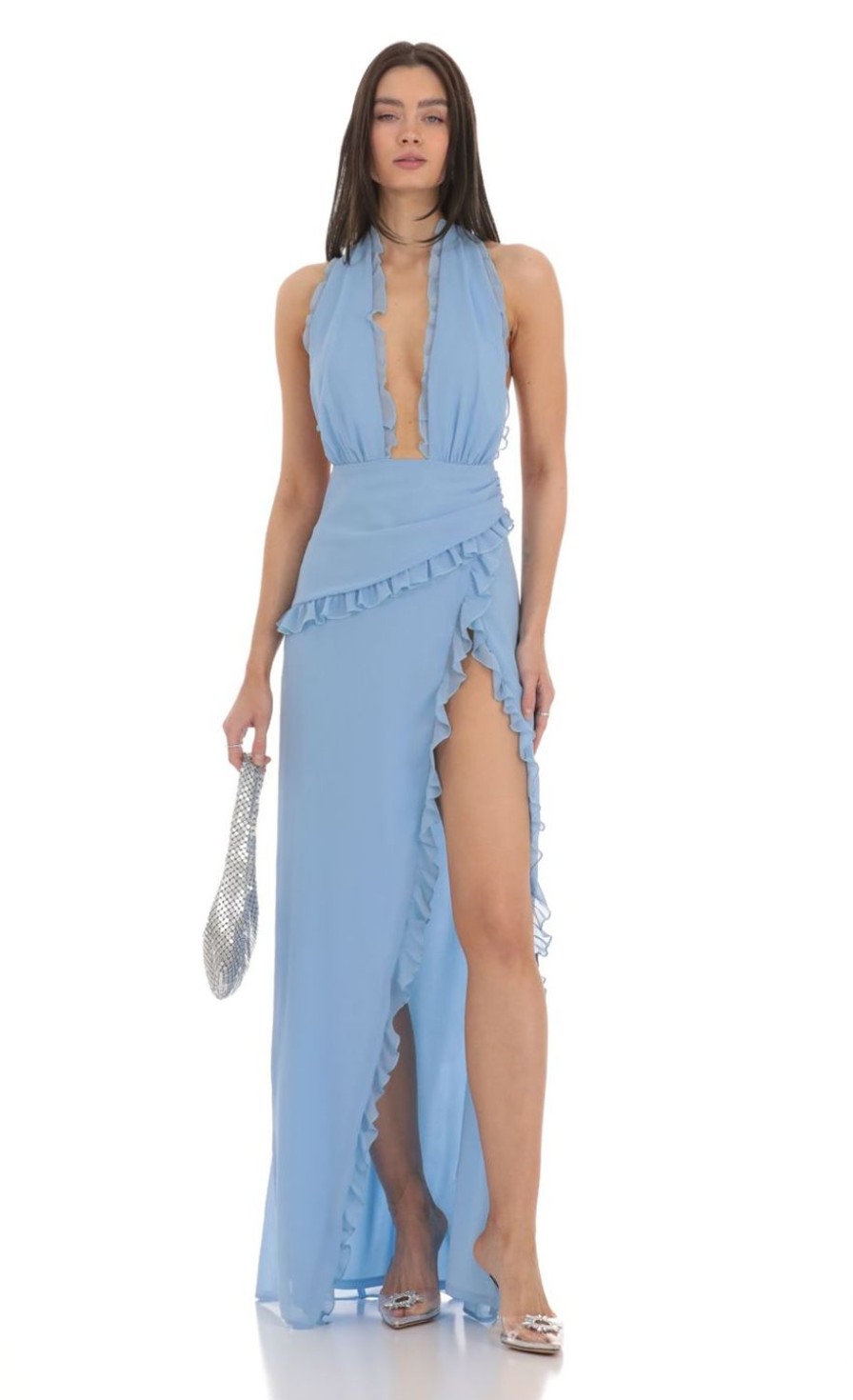 Clothing LUCY IN THE SKY | Plunge Neck Halter Dress In Blue | Lucy In The Sky