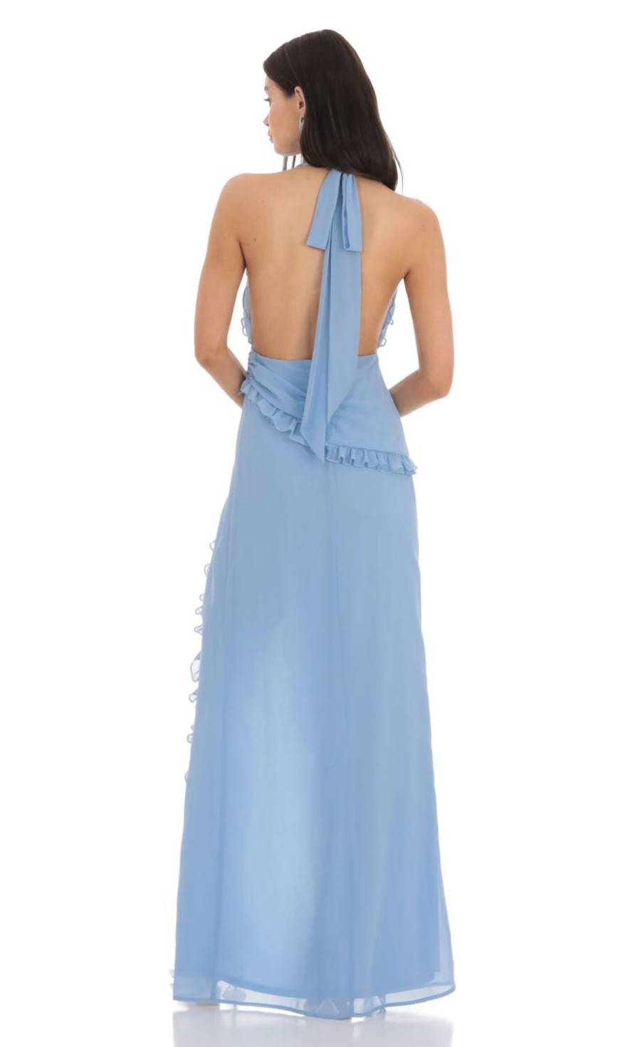 Clothing LUCY IN THE SKY | Plunge Neck Halter Dress In Blue | Lucy In The Sky