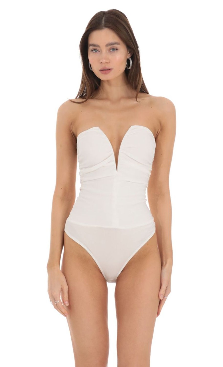 Clothing LUCY IN THE SKY | Ruched Strapless Bodysuit In White | Lucy In The Sky