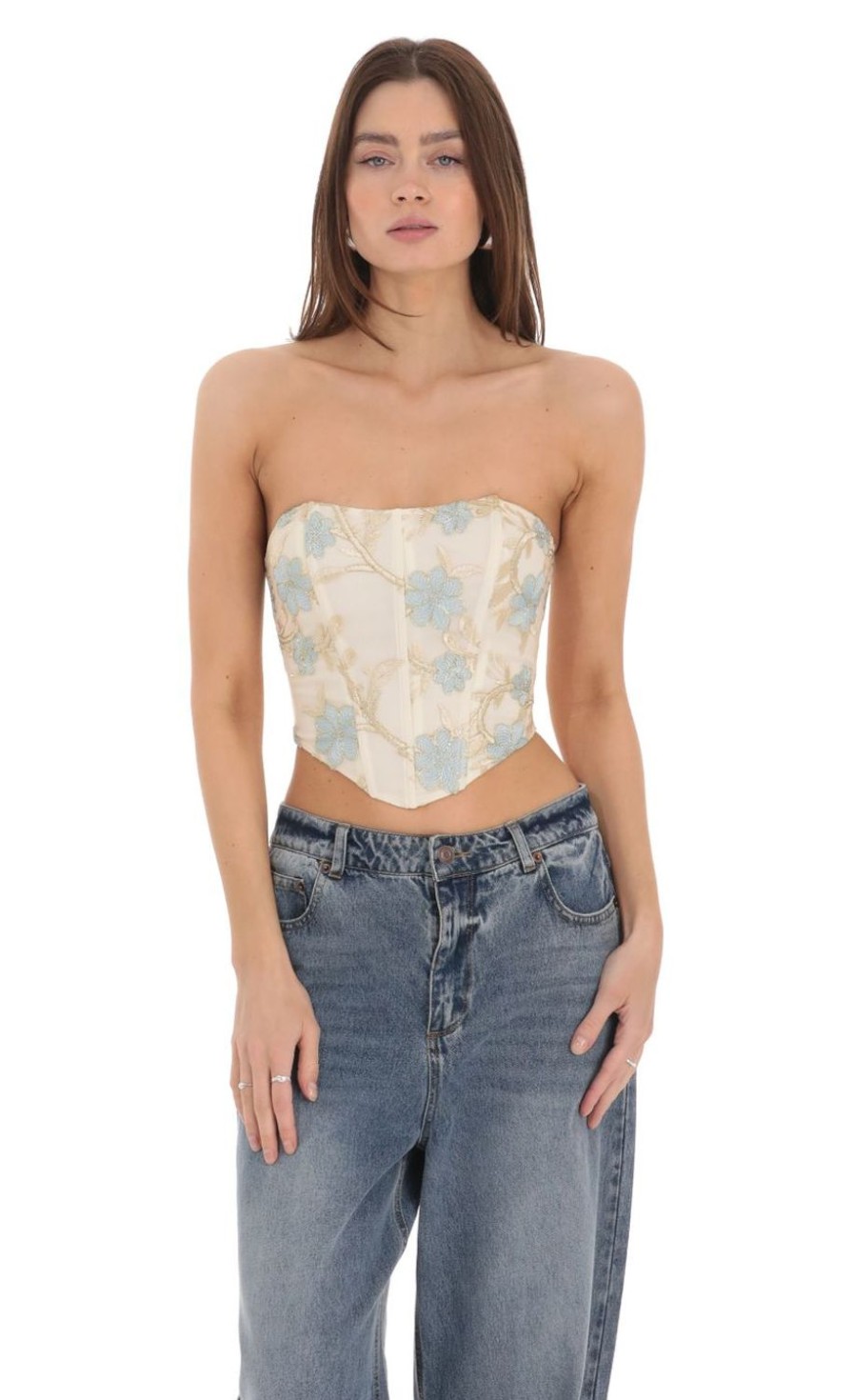 Clothing LUCY IN THE SKY | Floral Embroidered Corset Top On Cream | Lucy In The Sky