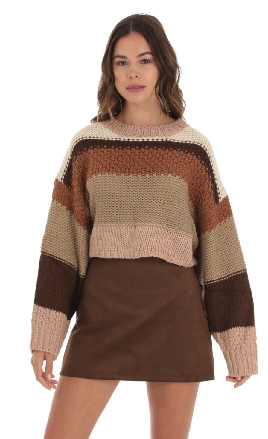 Clothing LUCY IN THE SKY | Chunky Knit Striped Jumper In Brown | Lucy In The Sky