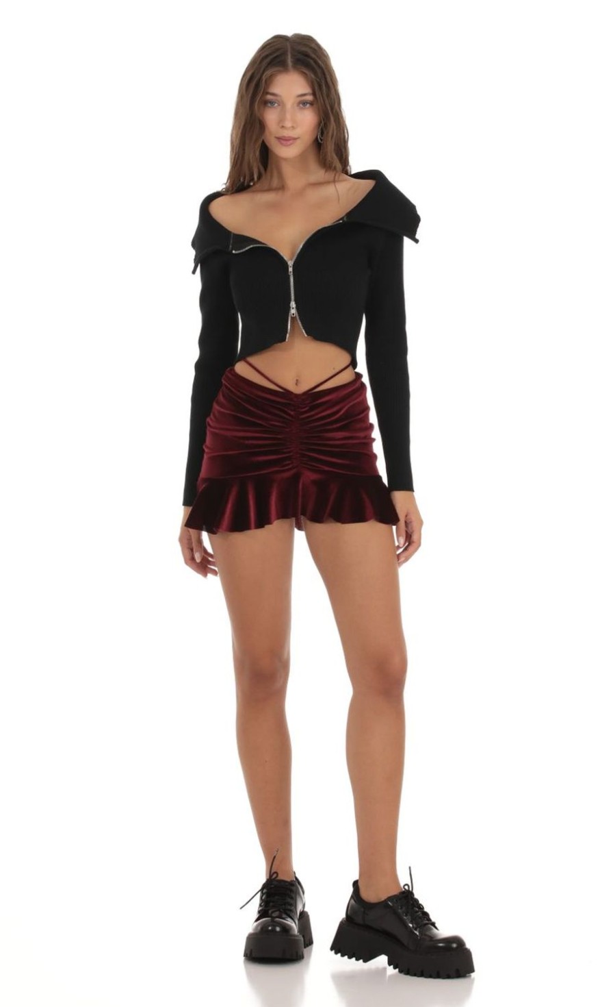 Clothing LUCY IN THE SKY | Addilyn Velvet Ruched Skirt In Burgundy | Lucy In The Sky