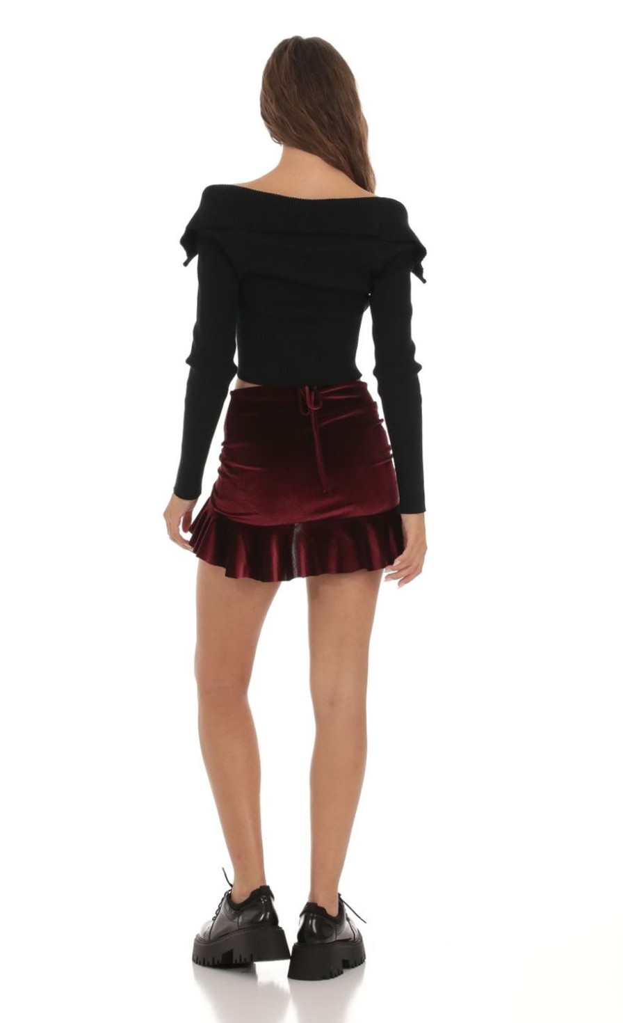 Clothing LUCY IN THE SKY | Addilyn Velvet Ruched Skirt In Burgundy | Lucy In The Sky