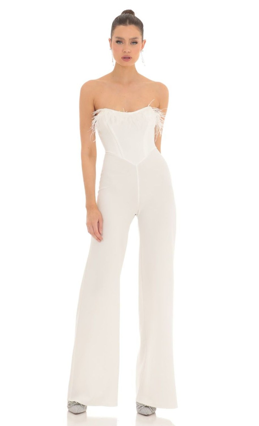 Clothing LUCY IN THE SKY | Femi Feather Strapless Corset Jumpsuit In White | Lucy In The Sky