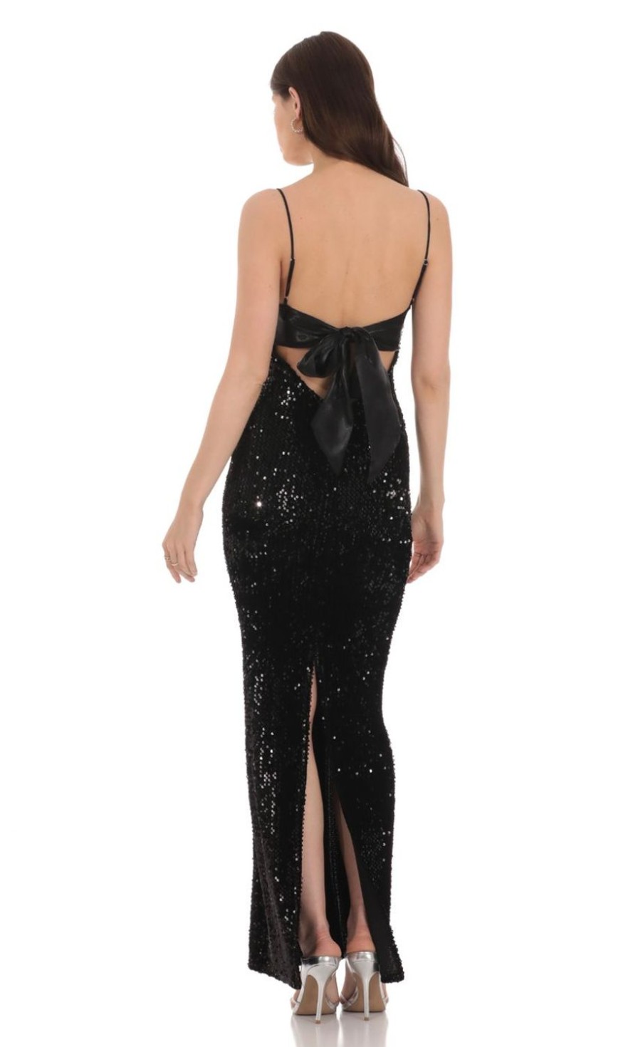 Clothing LUCY IN THE SKY | Velvet Sequin Back Bow Maxi Dress In Black | Lucy In The Sky