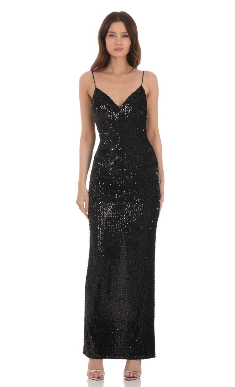 Clothing LUCY IN THE SKY | Velvet Sequin Back Bow Maxi Dress In Black | Lucy In The Sky