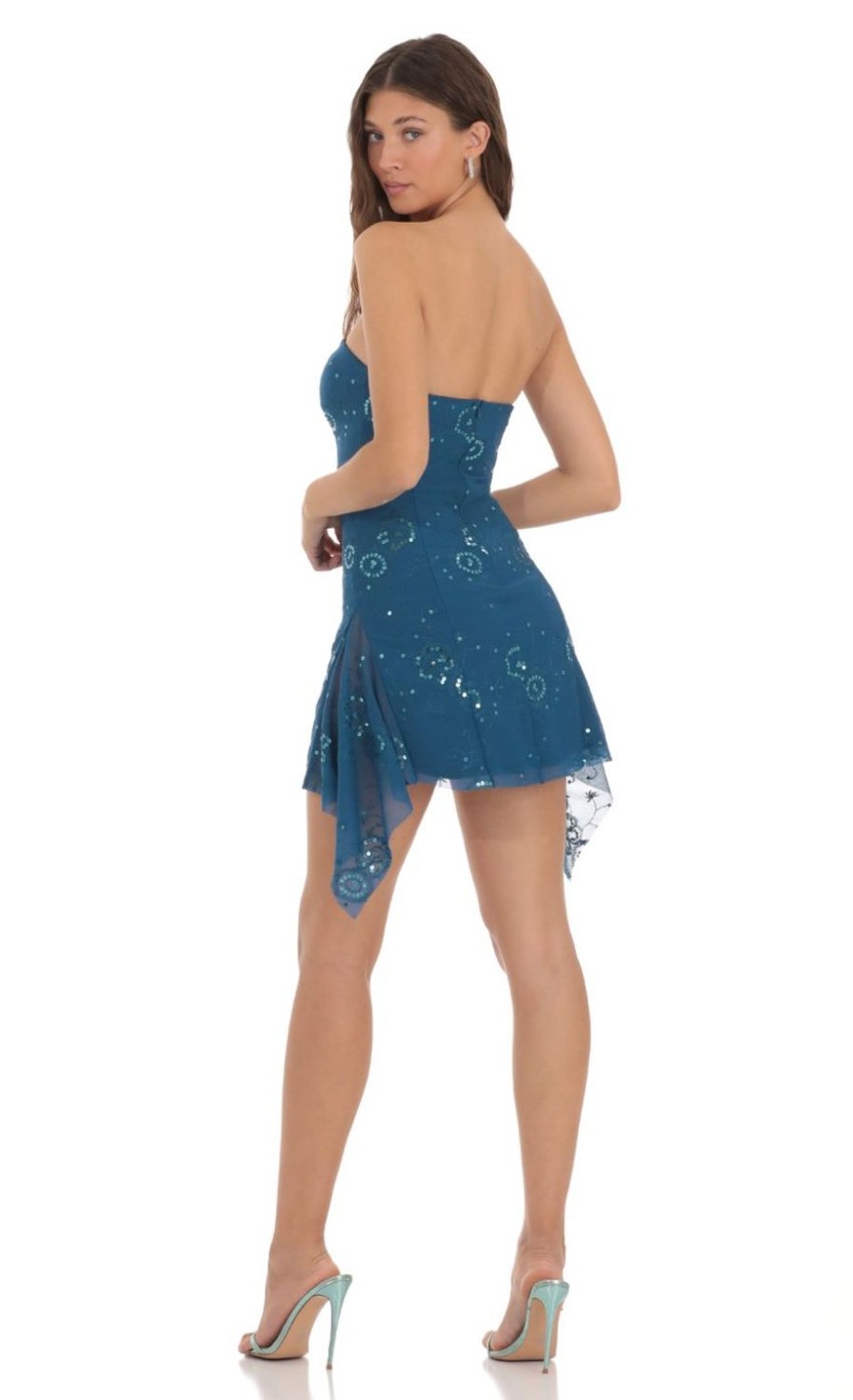 Clothing LUCY IN THE SKY | Sequin Sequin Double Slit Strapless Dress In Blue | Lucy In The Sky