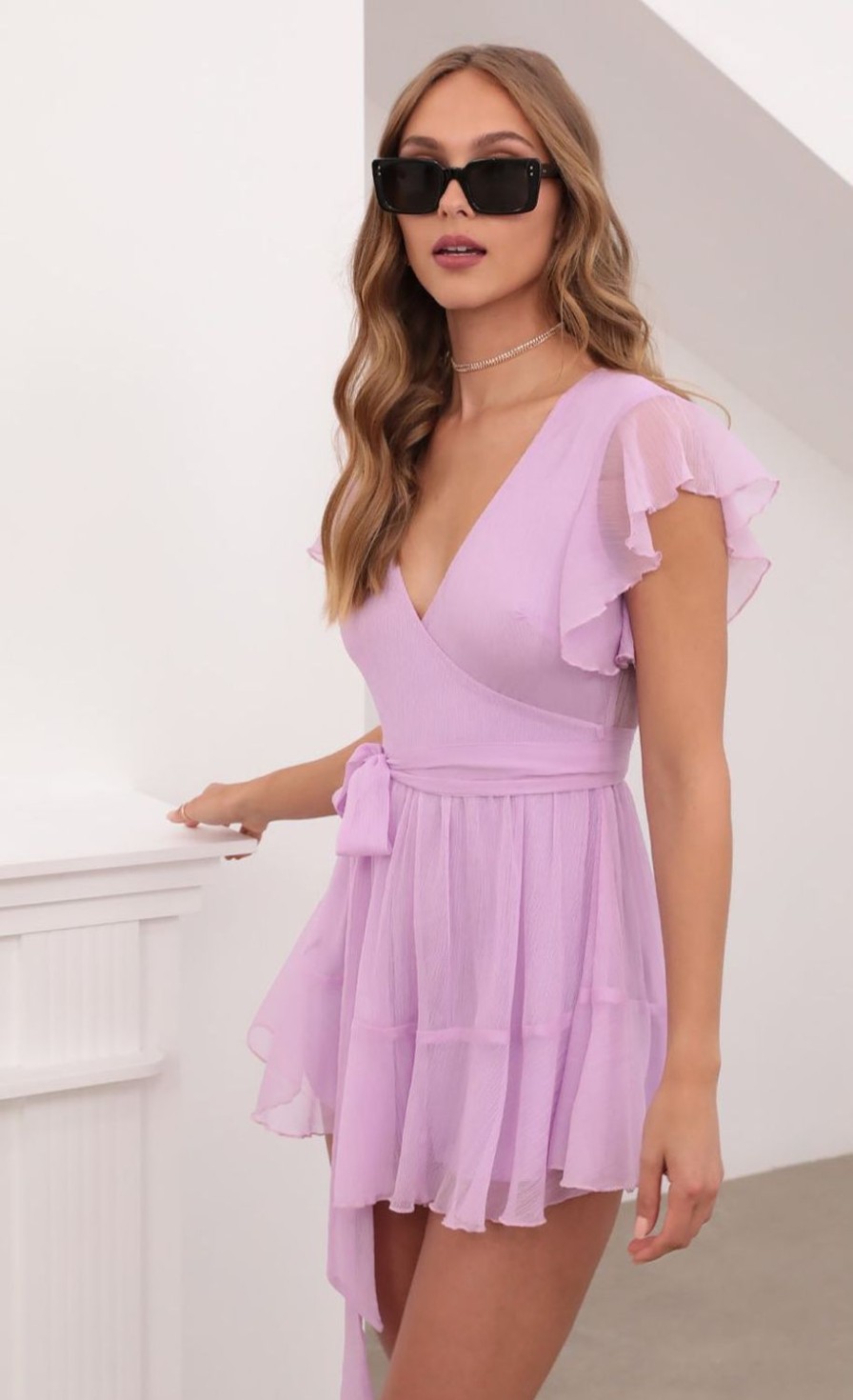 Clothing LUCY IN THE SKY | Nikki Wrap Romper In Lavender Crinkle Chiffon | Lucy In The Sky