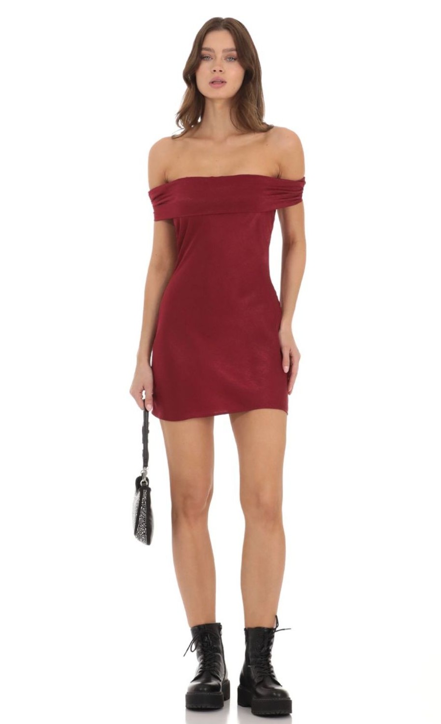 Clothing LUCY IN THE SKY | Off Shoulder Satin Dress In Red | Lucy In The Sky