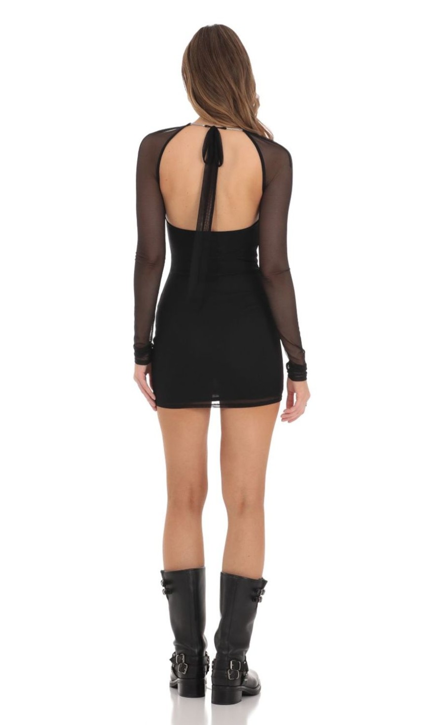 Clothing LUCY IN THE SKY | Cutout Rhinestone Mesh Dress In Black | Lucy In The Sky