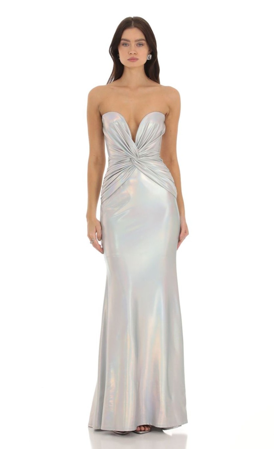 Clothing LUCY IN THE SKY | Diaval Metallic Twist Strapless Dress In Silver | Lucy In The Sky