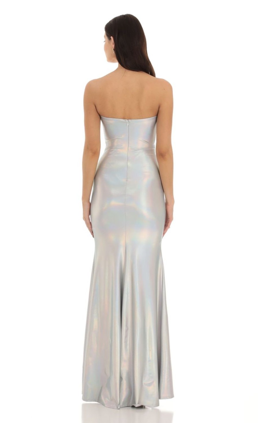 Clothing LUCY IN THE SKY | Diaval Metallic Twist Strapless Dress In Silver | Lucy In The Sky