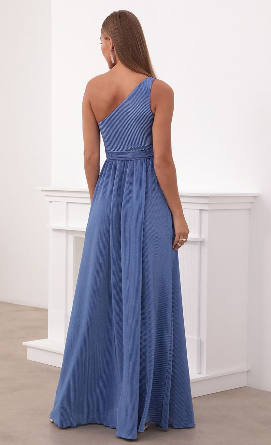 Clothing LUCY IN THE SKY | Olympia One Shoulder Pleated Dress In Periwinkle Blue | Lucy In The Sky